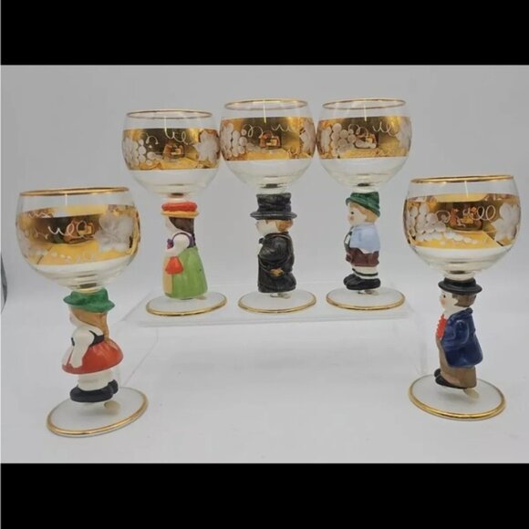 Set of 5 Vintage Goebel Hummel Figurine Cordial Wine Glasses 14k Gold Gilding - Picture 3 of 12